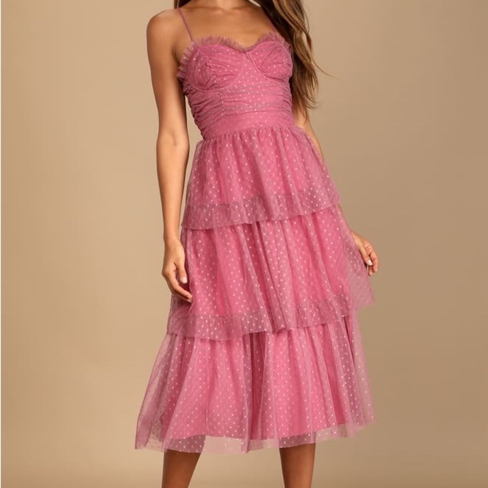 Sweetheart Style Mauve Polka Dot Bustier Tiered Midi Dress